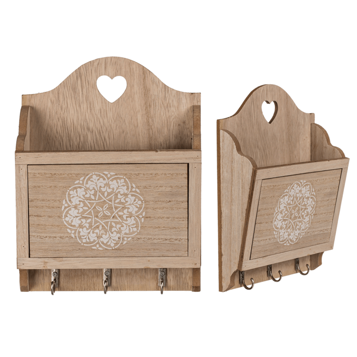 Natural coloured wooden key box with 3 hooks &,