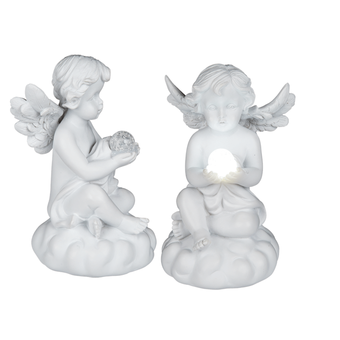 Sitting polyresin angel with white LED ball,