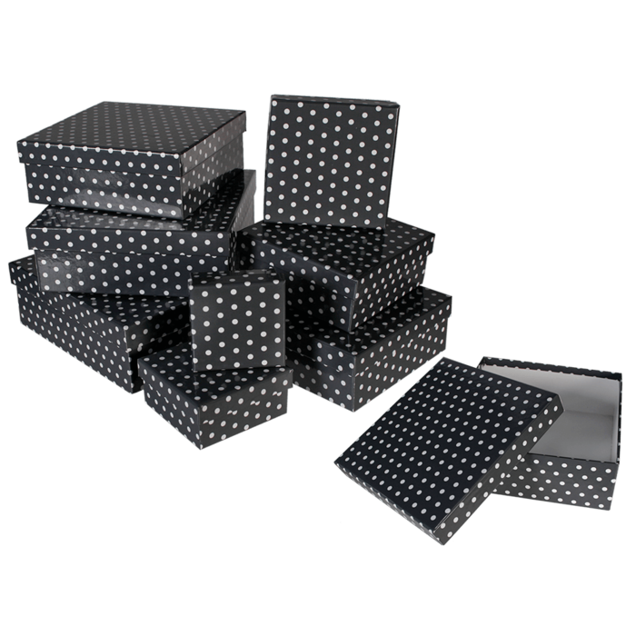Grey gift boxes with white dots,