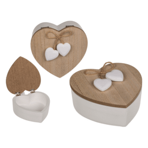 White heart shaped wooden box with nature coloured