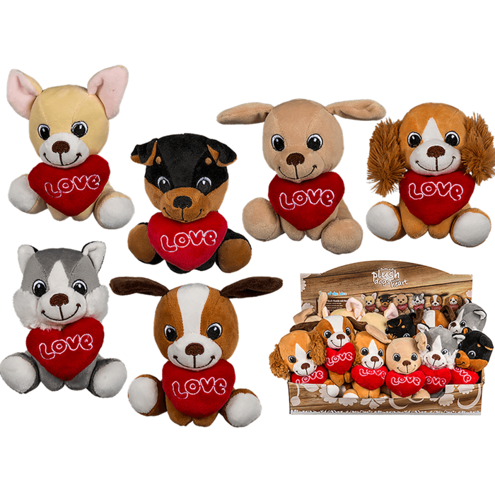Sitting plush dogs with heart,