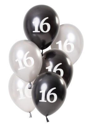 Balloons Glossy Black 16 Years 23cm - 6 pieces