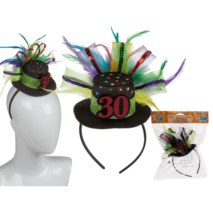Plastic hairband with birthday hat 30 & feathers,