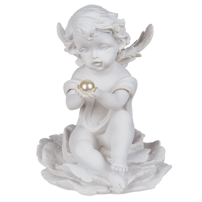 Sitting polyresin angel with pearl on flower, - Image 3
