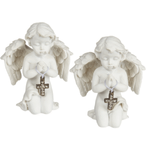 Kneeling polyresin angel with silver coloured,