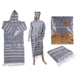 Grey/white colored fouta hamam bath robe,