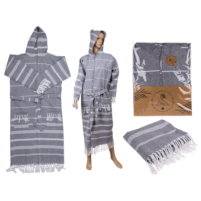 Grey/white colored fouta hamam bath robe,