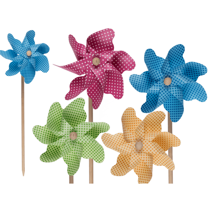 Coloured windmill with dots on wooden stick,