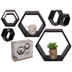 Black colored wooden wall shelf, 6 squares,