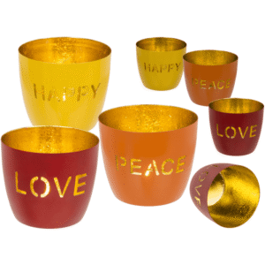 Metal tealight holder, Peace/Happy/Love,