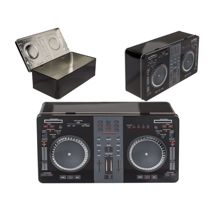 Rectangular metal tin box, DJ keyboard,
