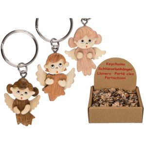 Metal keychain, Natural wood Angel,
