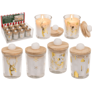 Candle in glass, with wooden lid & pompom,