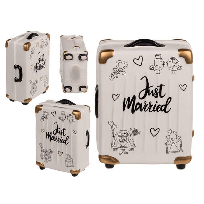 Saving bank, trolley suitcase, Just Married,