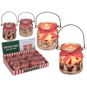 Candle in glass with metal handle,