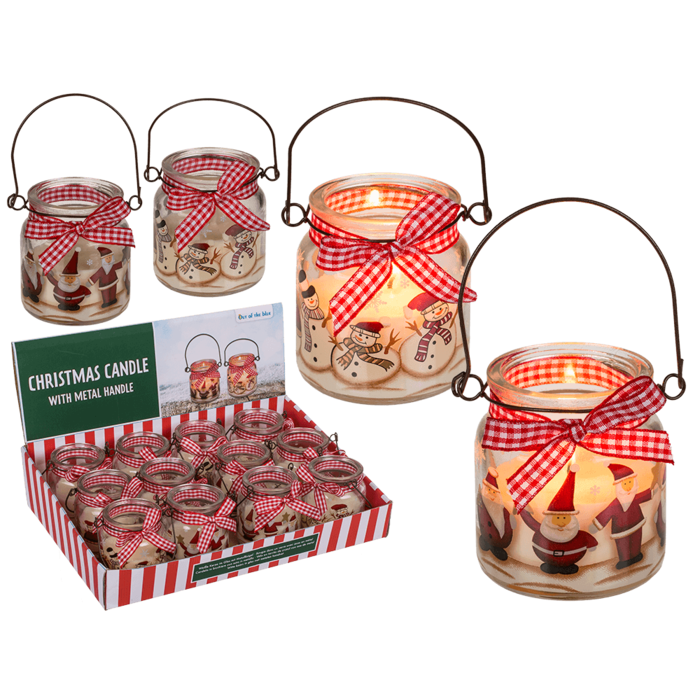 Candle in glass with metal handle,