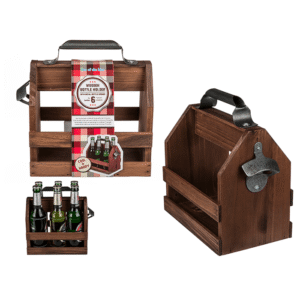 Wooden bottle holder with metal bottle opener,