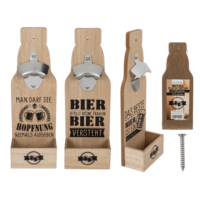 Metal bottle opener on wooden board with