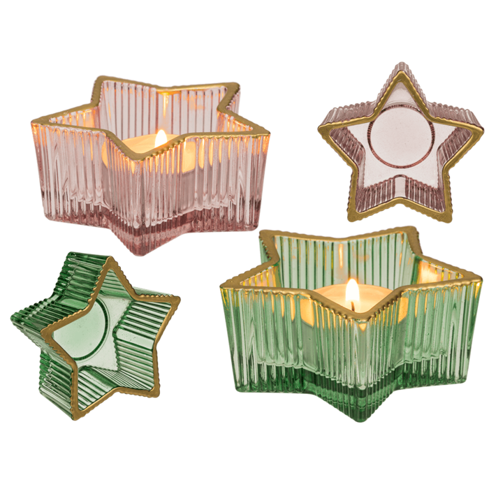 Glass tealight holder, star, 2 colours assorted,
