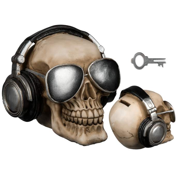 Polyresin Savings Bank - Skull with Earphones
