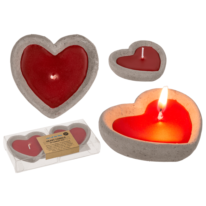 Red candle in cement pot, heart shaped,