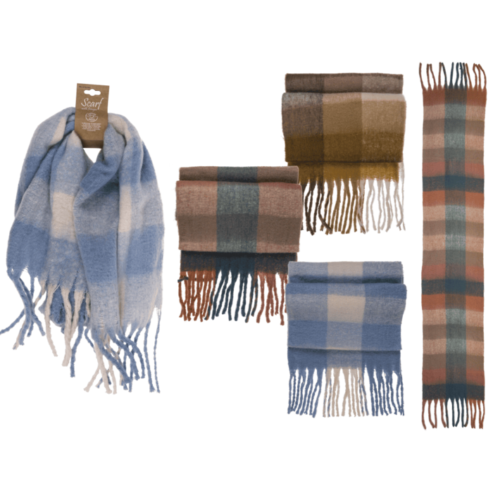 Checked fluffy scarf with tassels,