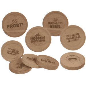 Wooden coaster, with slogan and bottle opener,