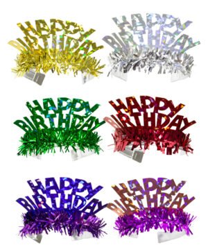 Multicolour Holographic 'Happy Birthday' Tiaras - 6 pieces