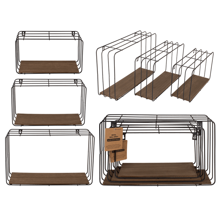 Metal wall shelf, with wooden base, Set of 3,