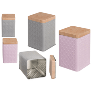Rectangular tin box with bamboo look cover,