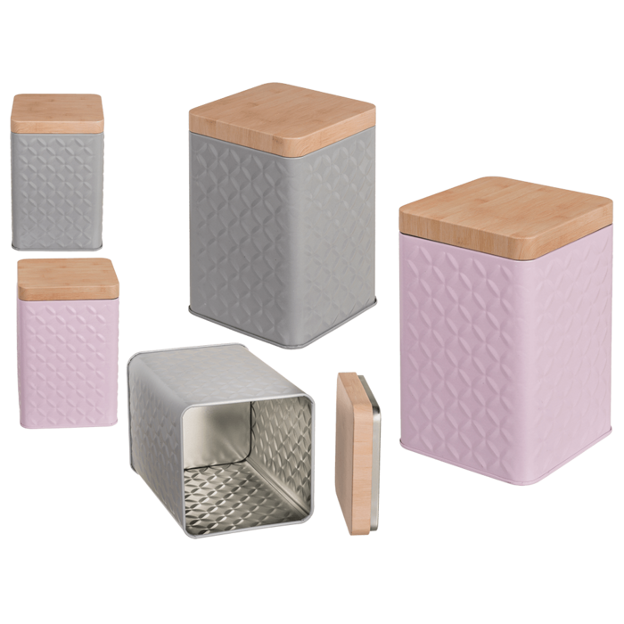 Rectangular tin box with bamboo look cover,