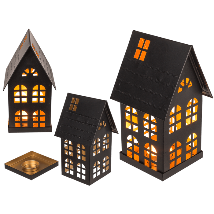 Black metall decoration house for tealights,
