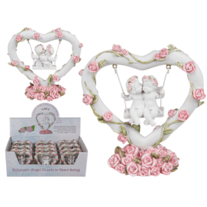 Polyresin angel couple in heart swing with pink,