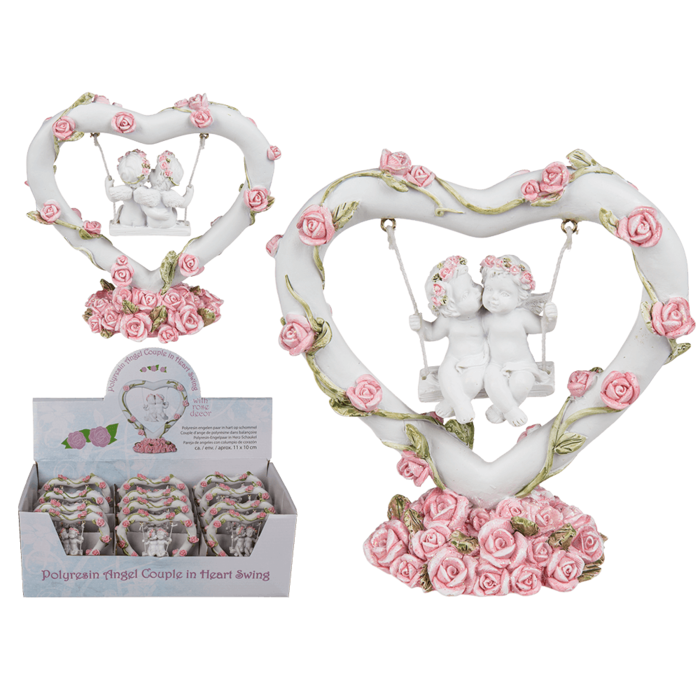 Polyresin angel couple in heart swing with pink,