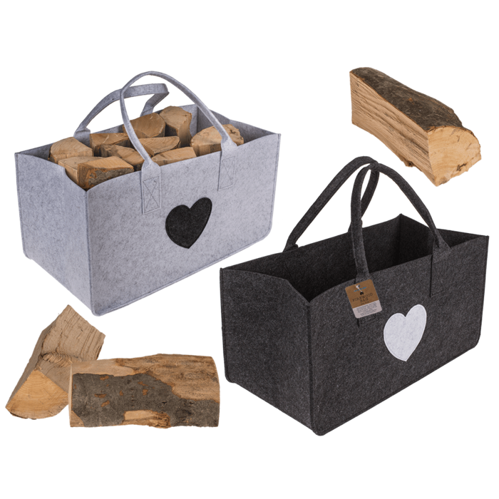 Grey felt bag for wood, with heart,