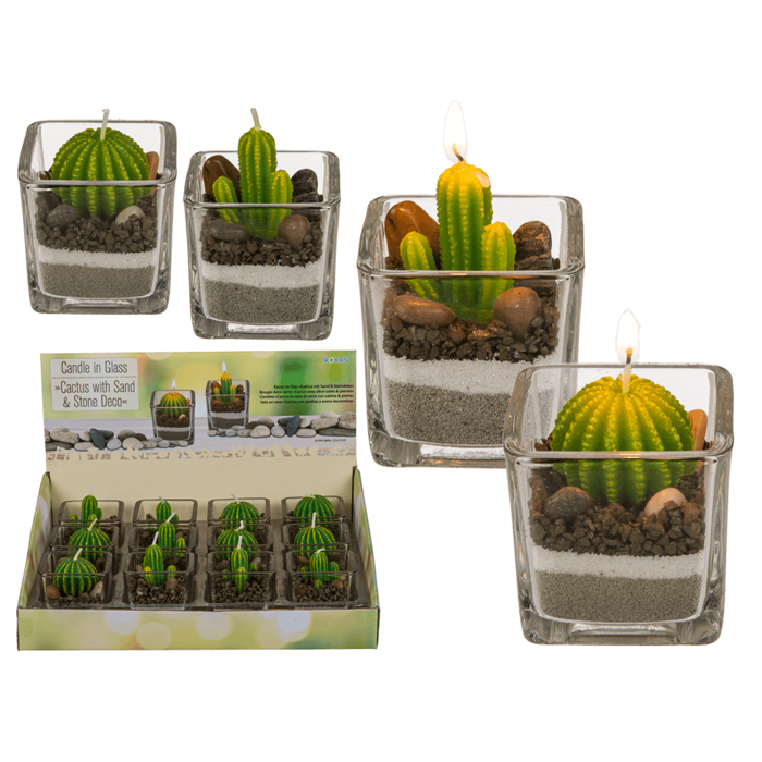 Candle in glass, Cactus with sand & stone deco,