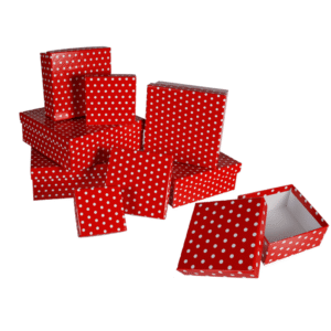 Red gift boxes with white dots,