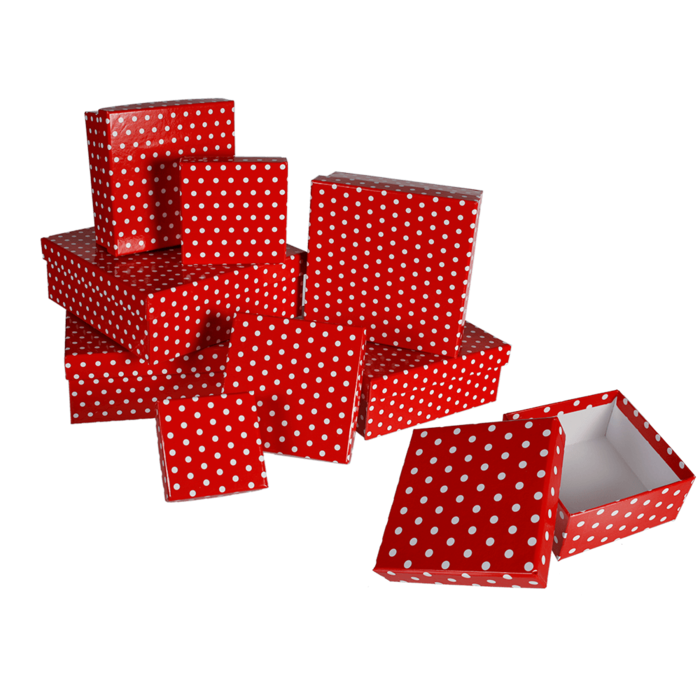 Red gift boxes with white dots,
