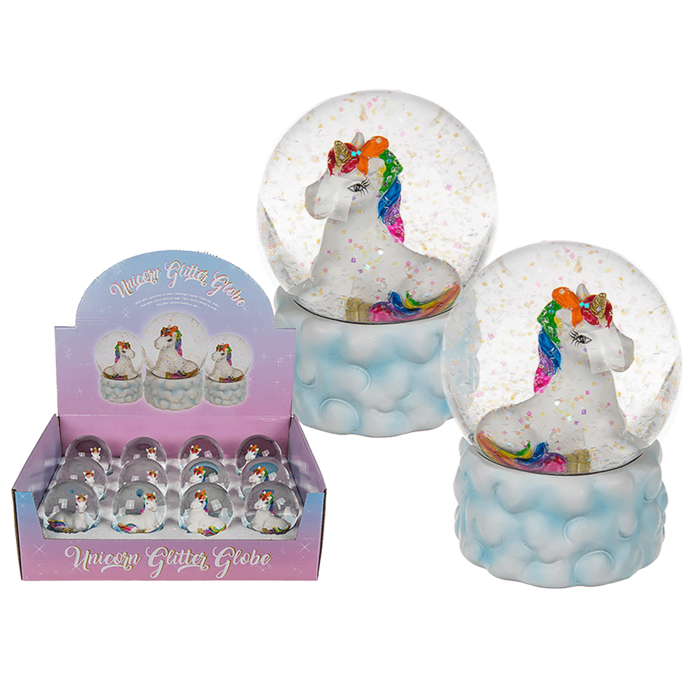 Polyresin glitter globe, Lying unicorn on cloud,