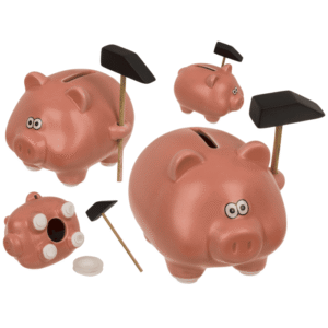 Money box, comic pig with hammer, 11 x 9 cm,