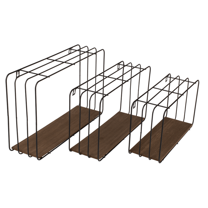 Metal wall shelf, with wooden base, Set of 3, - Image 2