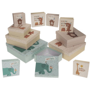 Multicoloured gift boxes, Birthday animals,