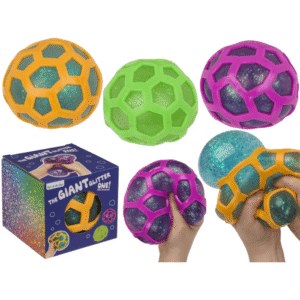 Squeeze ball in rubber net, glitter, approx.12 cm,