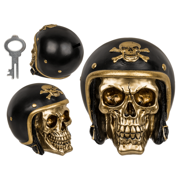 Savings bank with lock, Skull with bike helmet,