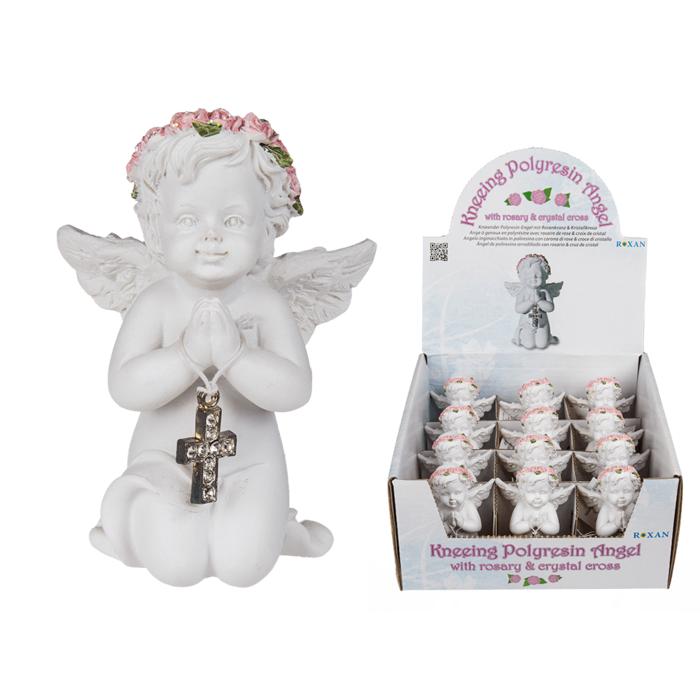 Kneeling polyresin angel with pink coloured