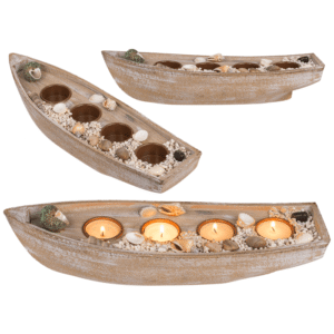 Wooden boat for 4 tealights, mussels