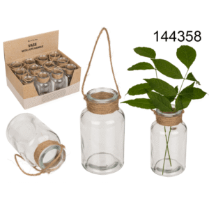 Glass vase with jute handle for hanging,