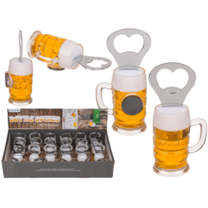 Metal bottle opener, beer glass with magnet,