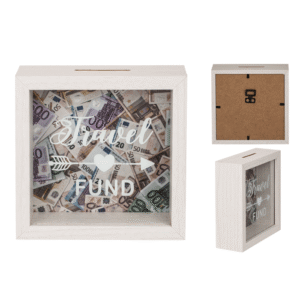 White wooden savings box, Travel Fund,