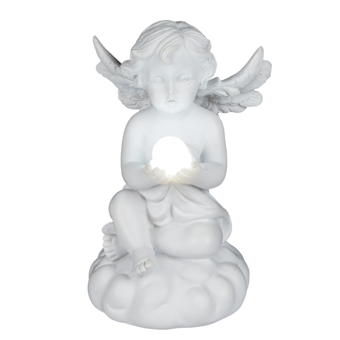 Sitting polyresin angel with white LED ball, - Image 2